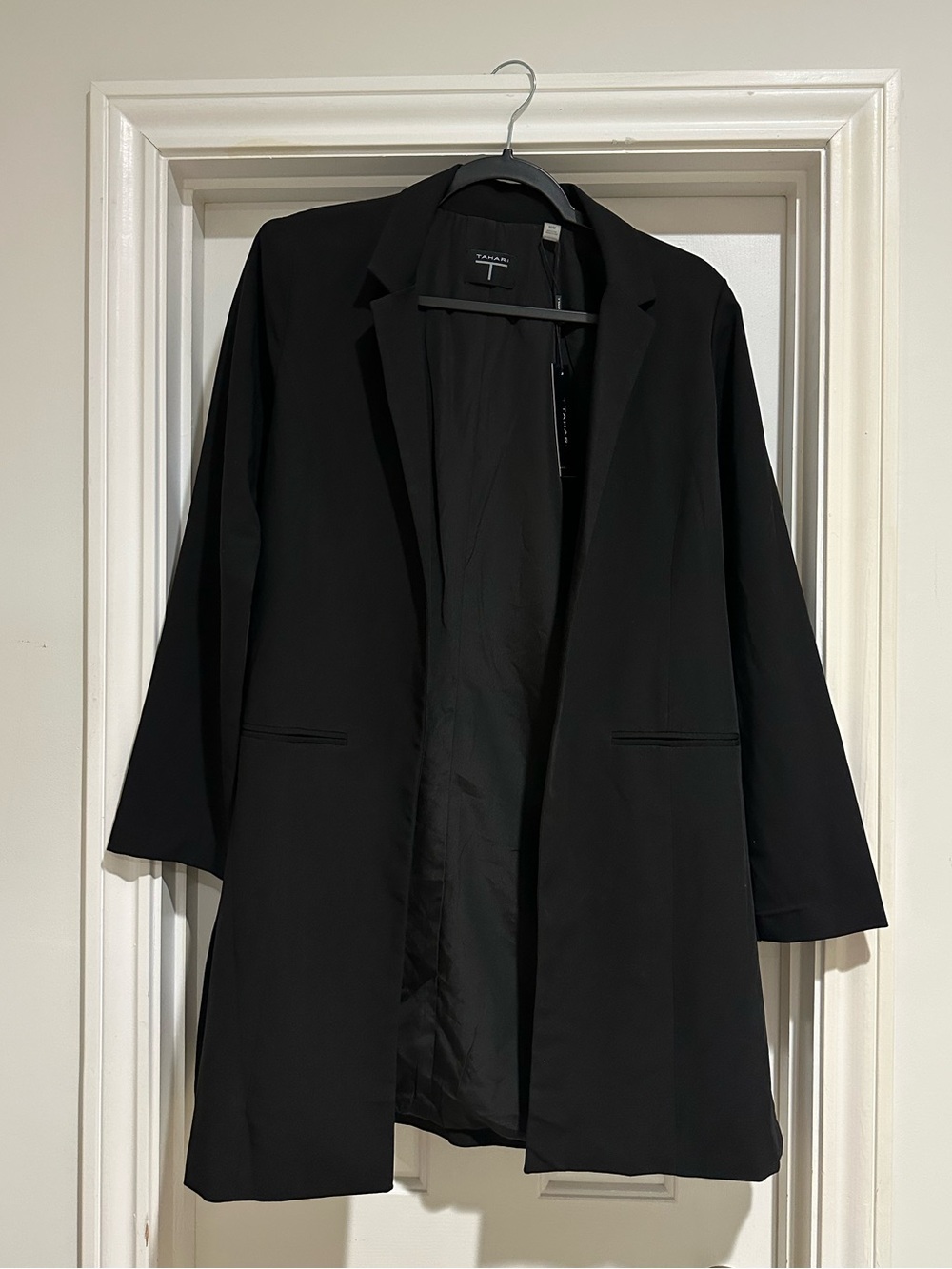 Tahari Black Open-Front Long Blazer